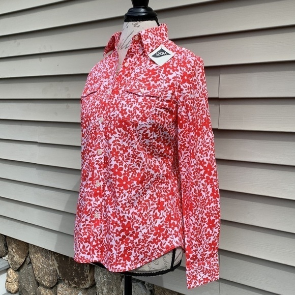 L.l. Bean Floral Print Cotton/Lycra Button Down Shirt - Red/White - Picture 3 of 13